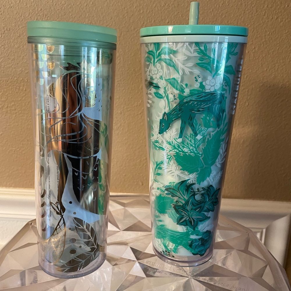 Starbucks 2022 Forest Friends Teal 24 OZ Tumbler 2020 Mermaid Tumbler Silver